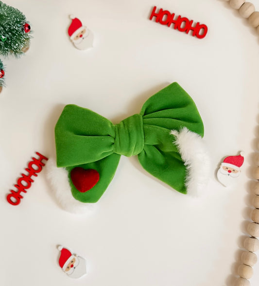 Grinchy with Heart Velvet Hair Bow